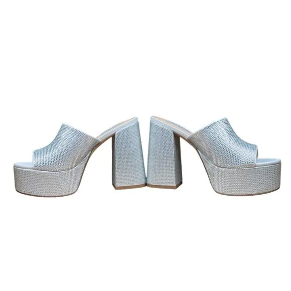Steve Madden Silver Rhinestone Dressy Peep-Toe Platform Block Heels Size 7M