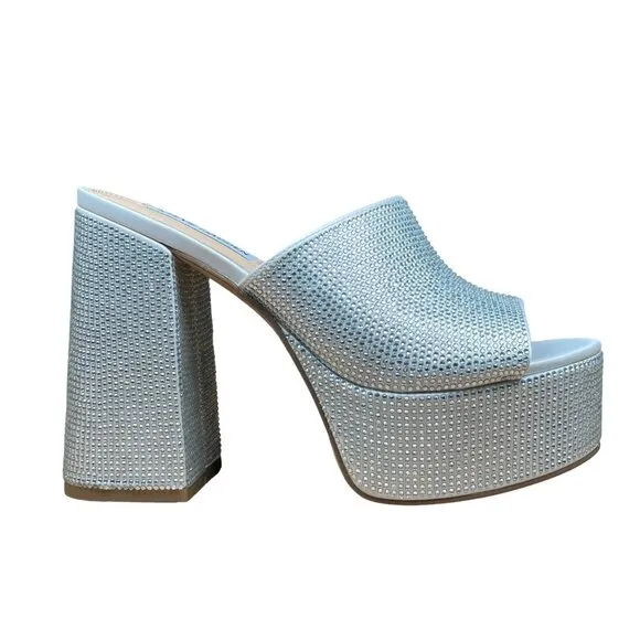 Steve Madden Silver Rhinestone Dressy Peep-Toe Platform Block Heels Size 7M