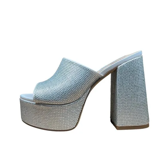 Steve Madden Silver Rhinestone Dressy Peep-Toe Platform Block Heels Size 7M