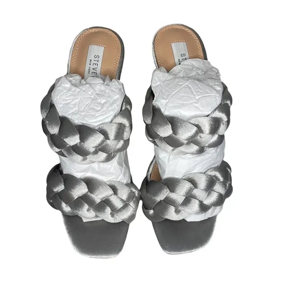 Steven New York Silver Jeanie Braided Strap Velvet Block Heels