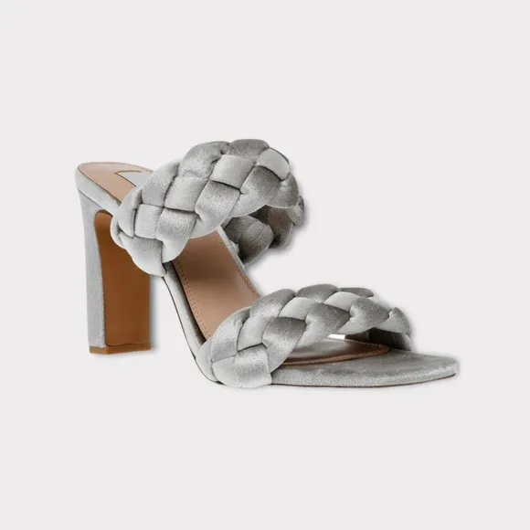 Steven New York Silver Jeanie Braided Strap Velvet Block Heels