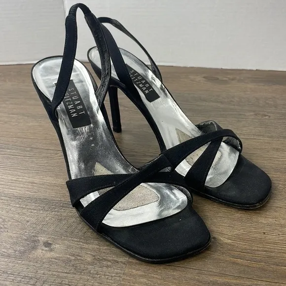 Stewart Weitzman Women’s Black Delovely Open Toe Strappy Heels, size 9.5