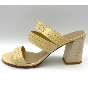 Stuart Weitzman 7.5 Heels Open Toe Patent Leather Studded Beige Chunky Heel