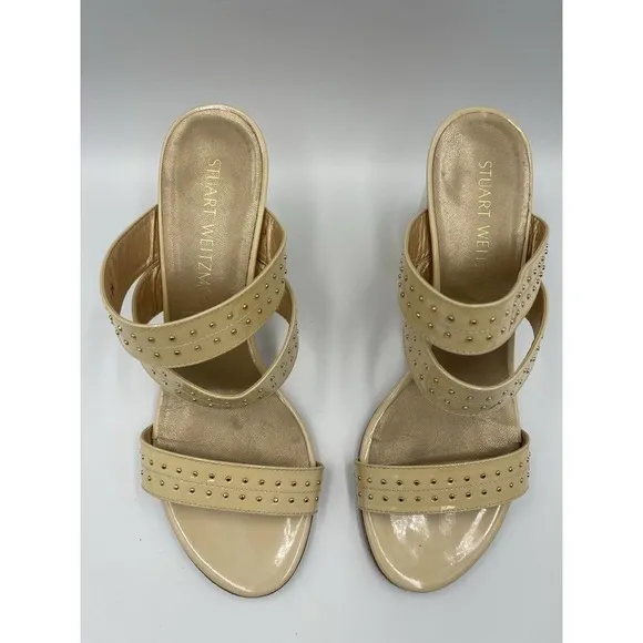 Stuart Weitzman 7.5 Heels Open Toe Patent Leather Studded Beige Chunky Heel