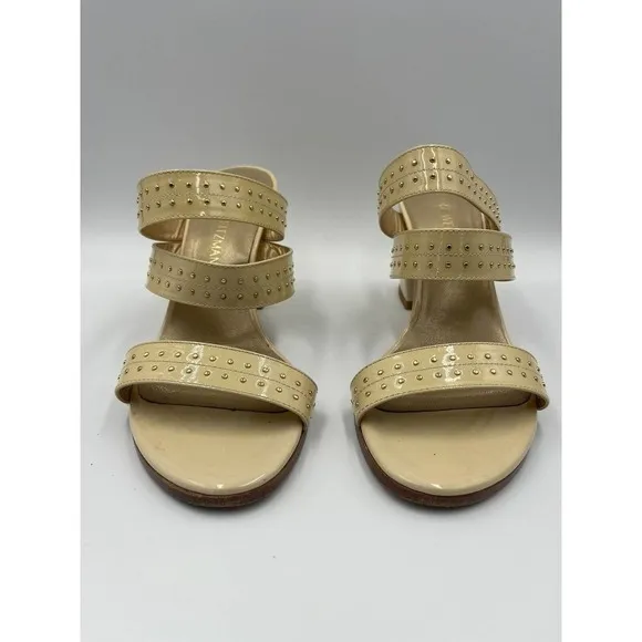 Stuart Weitzman 7.5 Heels Open Toe Patent Leather Studded Beige Chunky Heel