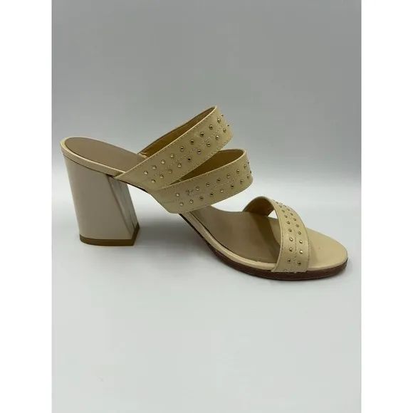 Stuart Weitzman 7.5 Heels Open Toe Patent Leather Studded Beige Chunky Heel
