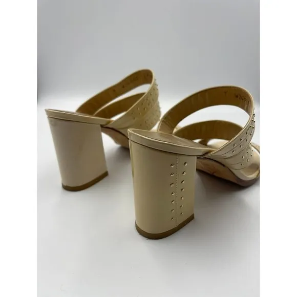 Stuart Weitzman 7.5 Heels Open Toe Patent Leather Studded Beige Chunky Heel