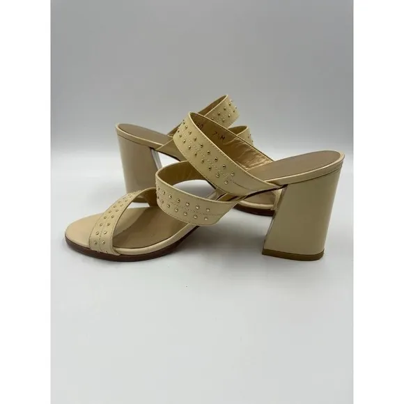 Stuart Weitzman 7.5 Heels Open Toe Patent Leather Studded Beige Chunky Heel