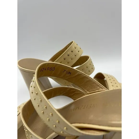 Stuart Weitzman 7.5 Heels Open Toe Patent Leather Studded Beige Chunky Heel