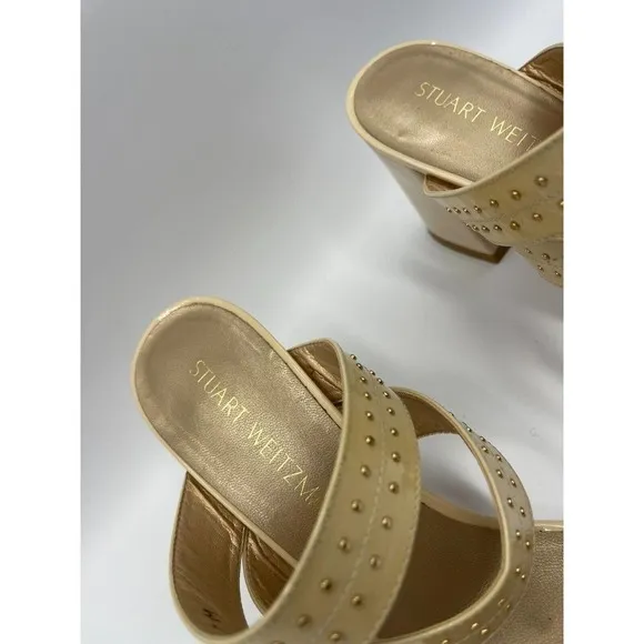 Stuart Weitzman 7.5 Heels Open Toe Patent Leather Studded Beige Chunky Heel