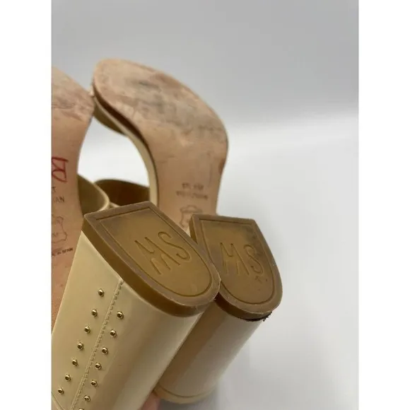 Stuart Weitzman 7.5 Heels Open Toe Patent Leather Studded Beige Chunky Heel