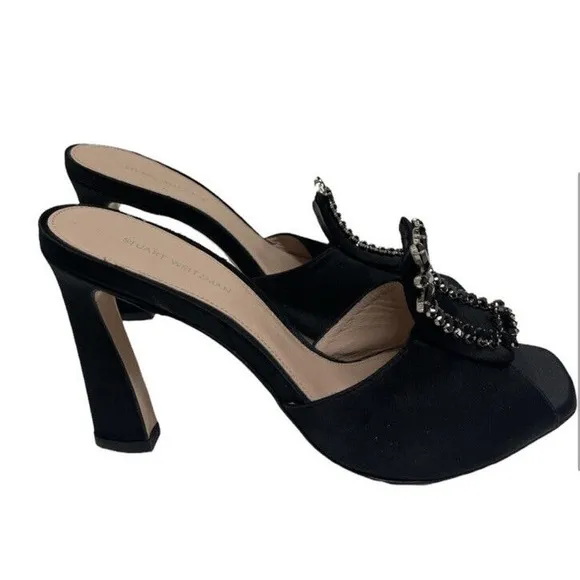 STUART WEITZMAN 8 Black Satin Peep Toe D'orsay Bow Pumps Heels BRAND NEW $575‎