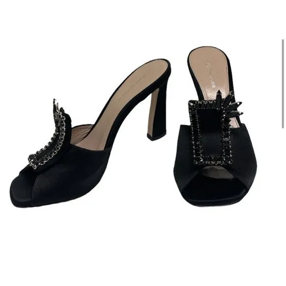 STUART WEITZMAN 8 Black Satin Peep Toe D'orsay Bow Pumps Heels BRAND NEW $575‎