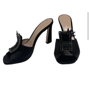 STUART WEITZMAN 8 Black Satin Peep Toe D'orsay Bow Pumps Heels BRAND NEW $575‎