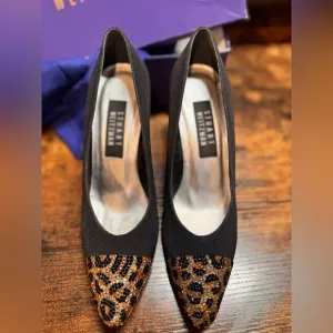 Stuart Weitzman Black Heels w/ leopard print rhinestone heels size 6.5