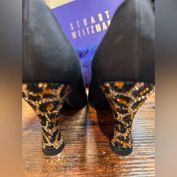 Stuart Weitzman Black Heels w/ leopard print rhinestone heels size 6.5