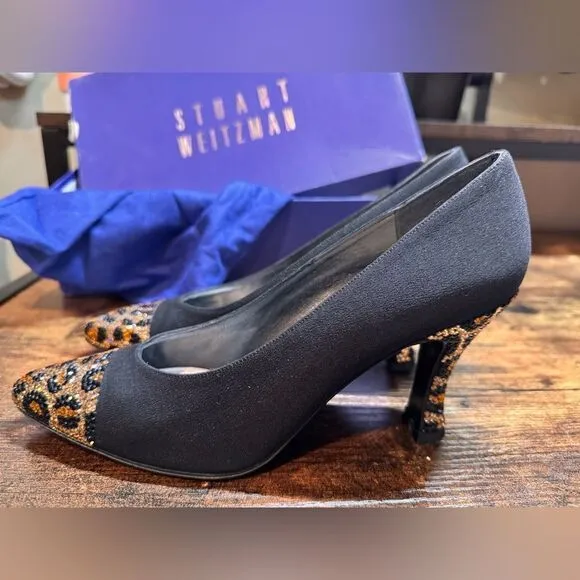Stuart Weitzman Black Heels w/ leopard print rhinestone heels size 6.5