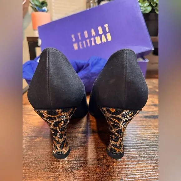 Stuart Weitzman Black Heels w/ leopard print rhinestone heels size 6.5