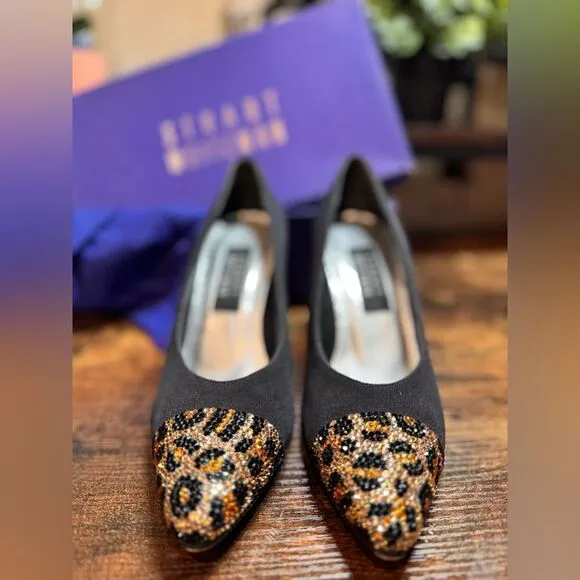 Stuart Weitzman Black Heels w/ leopard print rhinestone heels size 6.5