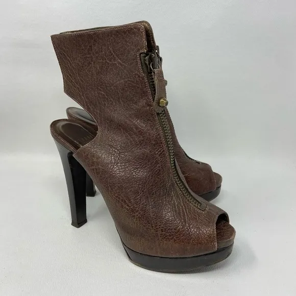 Stuart Weitzman Brown Leather Cage Zip Open Toe Heels, Women’s Size 7M