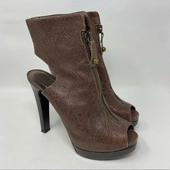 Stuart Weitzman Brown Leather Cage Zip Open Toe Heels, Women’s Size 7M