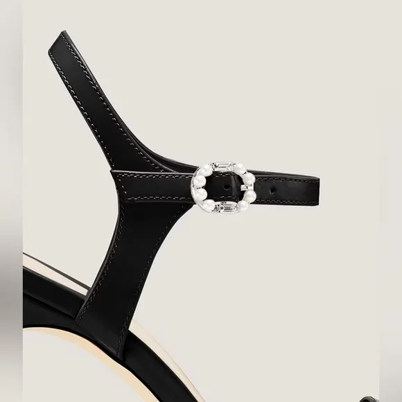 STUART WEITZMAN Dazzle 130 black patent open toe‎ pearl buckle Platform heels