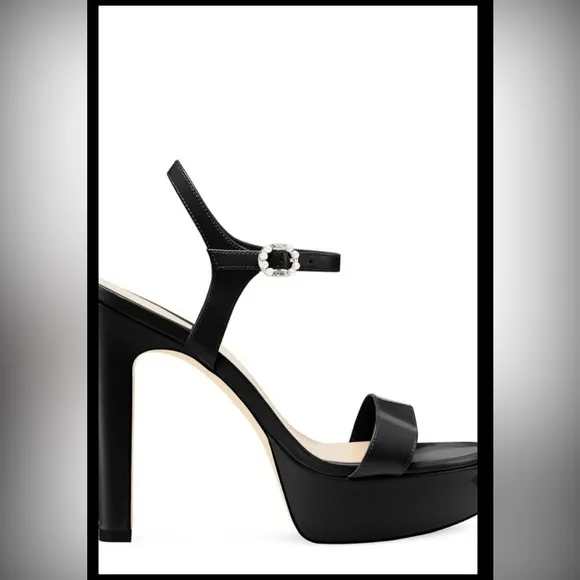 STUART WEITZMAN Dazzle 130 black patent open toe‎ pearl buckle Platform heels