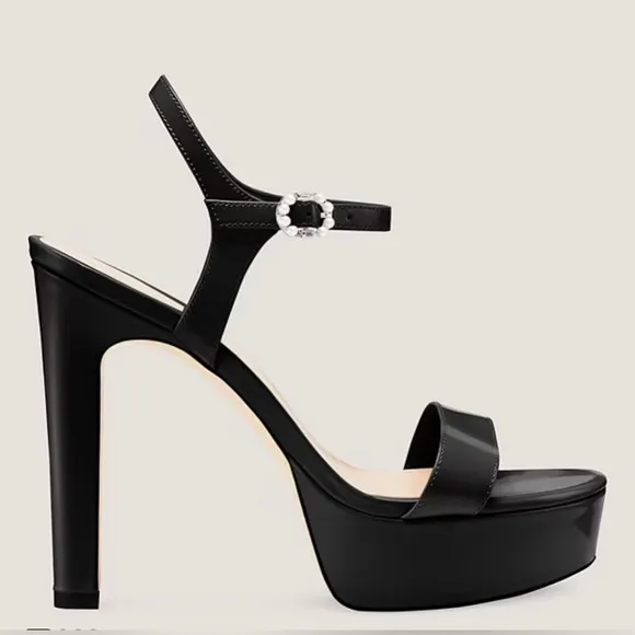 STUART WEITZMAN Dazzle 130 black patent open toe‎ pearl buckle Platform heels