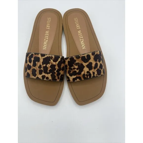 Stuart Weitzman Delilah Leopard Print Calf Hair Sandal Slides Sz 8B New W/O Tag