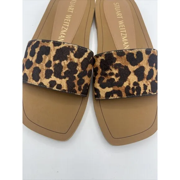 Stuart Weitzman Delilah Leopard Print Calf Hair Sandal Slides Sz 8B New W/O Tag