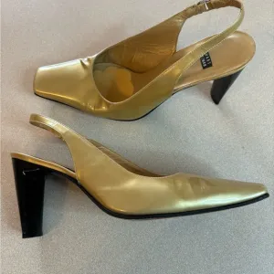 Stuart Weitzman Gold Patent Square Toe Sling Back