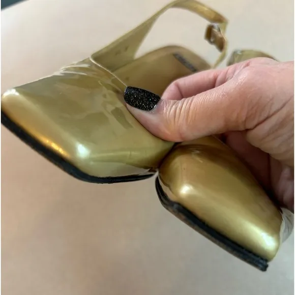 Stuart Weitzman Gold Patent Square Toe Sling Back