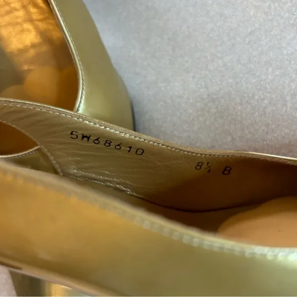 Stuart Weitzman Gold Patent Square Toe Sling Back