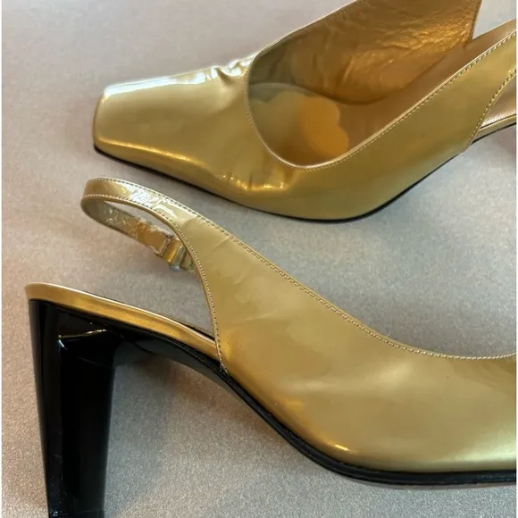 Stuart Weitzman Gold Patent Square Toe Sling Back