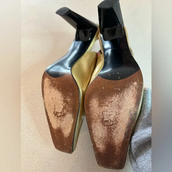 Stuart Weitzman Gold Patent Square Toe Sling Back
