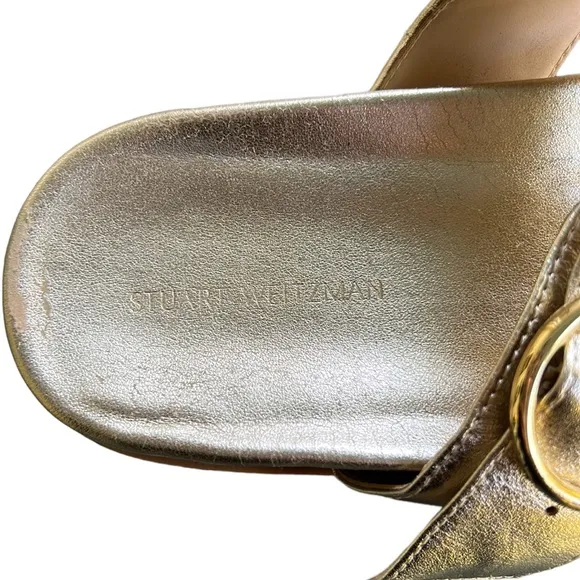 Stuart Weitzman Joni Metallic Gold Leather Slides Sandals - 6