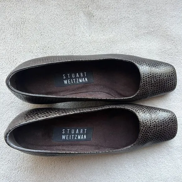 Stuart Weitzman  Marymid Snakeskin Print Brown Leather Block Heel Pump Women 6 M