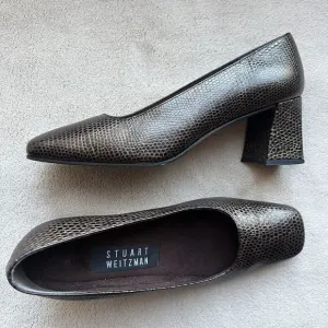 Stuart Weitzman  Marymid Snakeskin Print Brown Leather Block Heel Pump Women 6 M