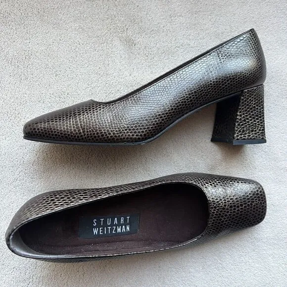 Stuart Weitzman  Marymid Snakeskin Print Brown Leather Block Heel Pump Women 6 M