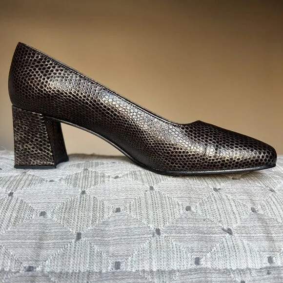 Stuart Weitzman  Marymid Snakeskin Print Brown Leather Block Heel Pump Women 6 M