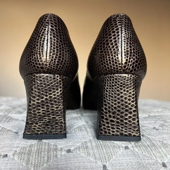 Stuart Weitzman  Marymid Snakeskin Print Brown Leather Block Heel Pump Women 6 M