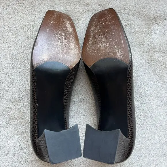 Stuart Weitzman  Marymid Snakeskin Print Brown Leather Block Heel Pump Women 6 M