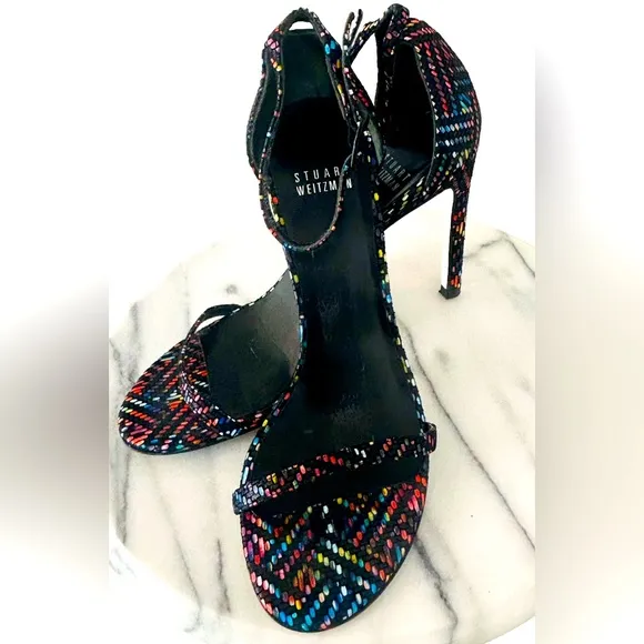 Stuart Weitzman Multicolor Suede Open Toe 6.5 Iconic Nudist Ankle Straps 4”Heels