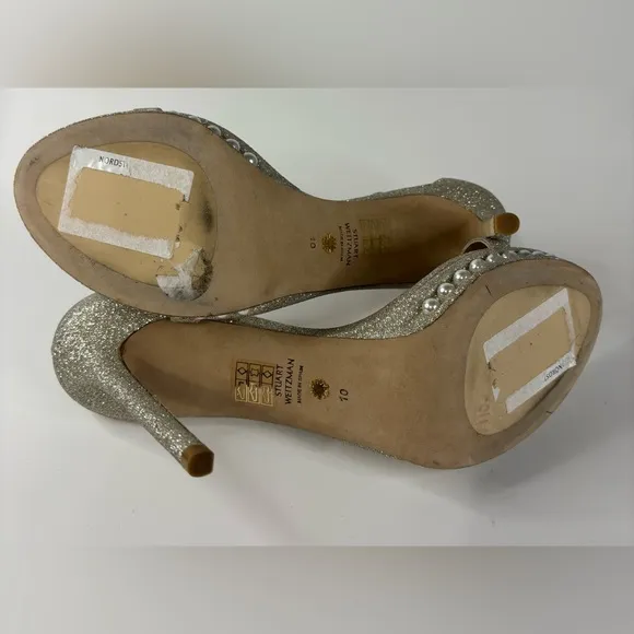 Stuart Weitzman Nudist Disco Pearl Glitter Ankle Strap High Heels