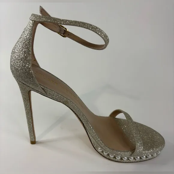 Stuart Weitzman Nudist Disco Pearl Glitter Ankle Strap High Heels