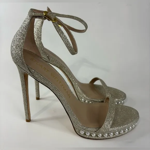 Stuart Weitzman Nudist Disco Pearl Glitter Ankle Strap High Heels