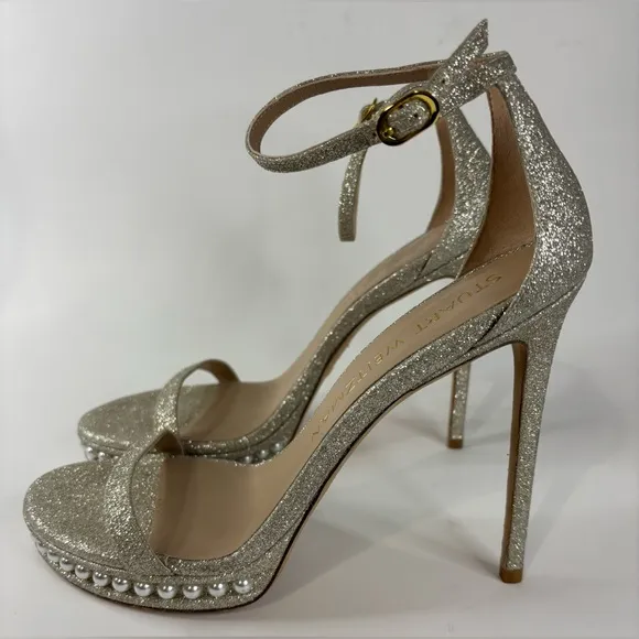 Stuart Weitzman Nudist Disco Pearl Glitter Ankle Strap High Heels