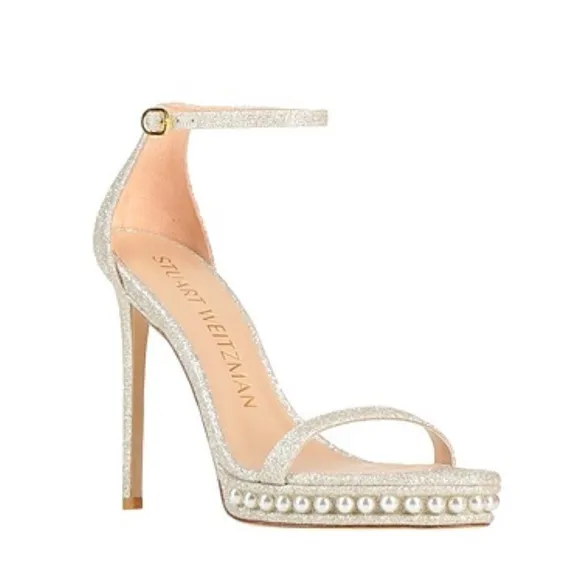 Stuart Weitzman Nudist Disco Pearl Glitter Ankle Strap High Heels