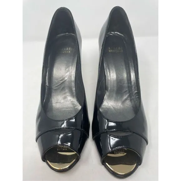 Stuart Weitzman Patent Leather Black Peep Toe Gold Logo Heels size 8.5 EUC