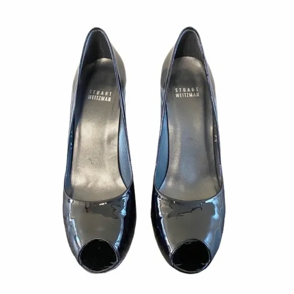 Stuart Weitzman Patent Leather Peep Toe 4&quot; Heels Pumps Open Toe Black Size 7.5